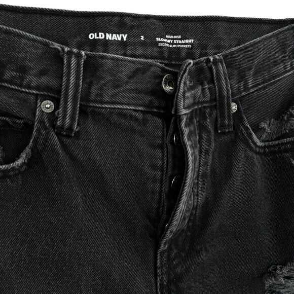 Old Navy SZ 2 Slouchy Straight Jeans Hi-Rise Button-Fly Distressed Black Wash - Picture 4 of 9